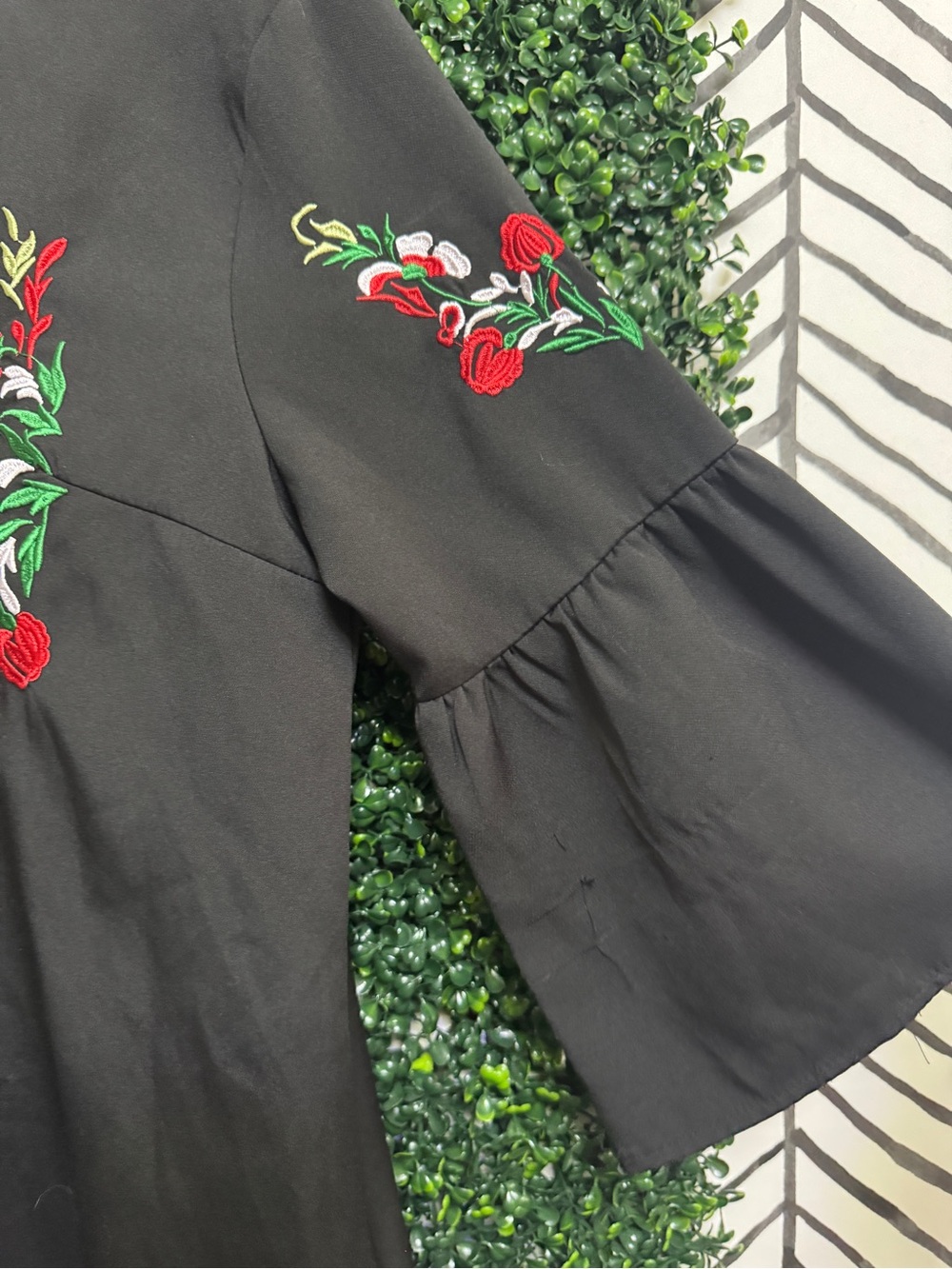Source Unknown Black Mini Dress with Red & Green Floral Embroidery - Picture 3 of 4